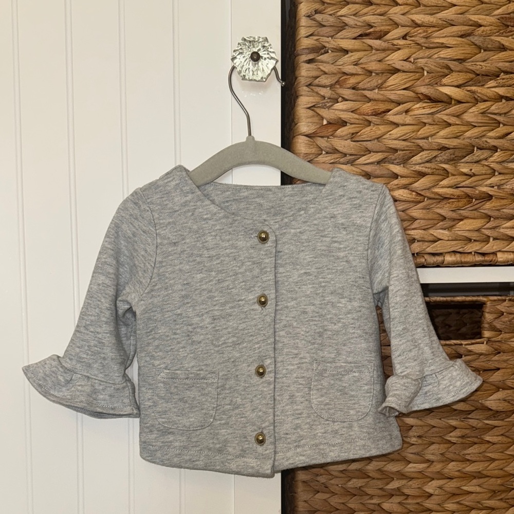 Janie and Jack Baby Girl Heather Gray Ruffle Sleeve Button Cardigan 6-12 months
